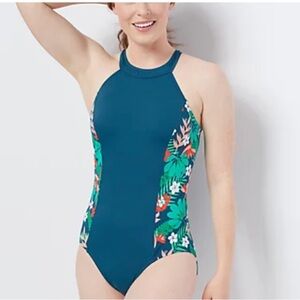 Denim & Co. Beach H-Back Halter Print Blocked One Piece Swimsuit Mallard Blue